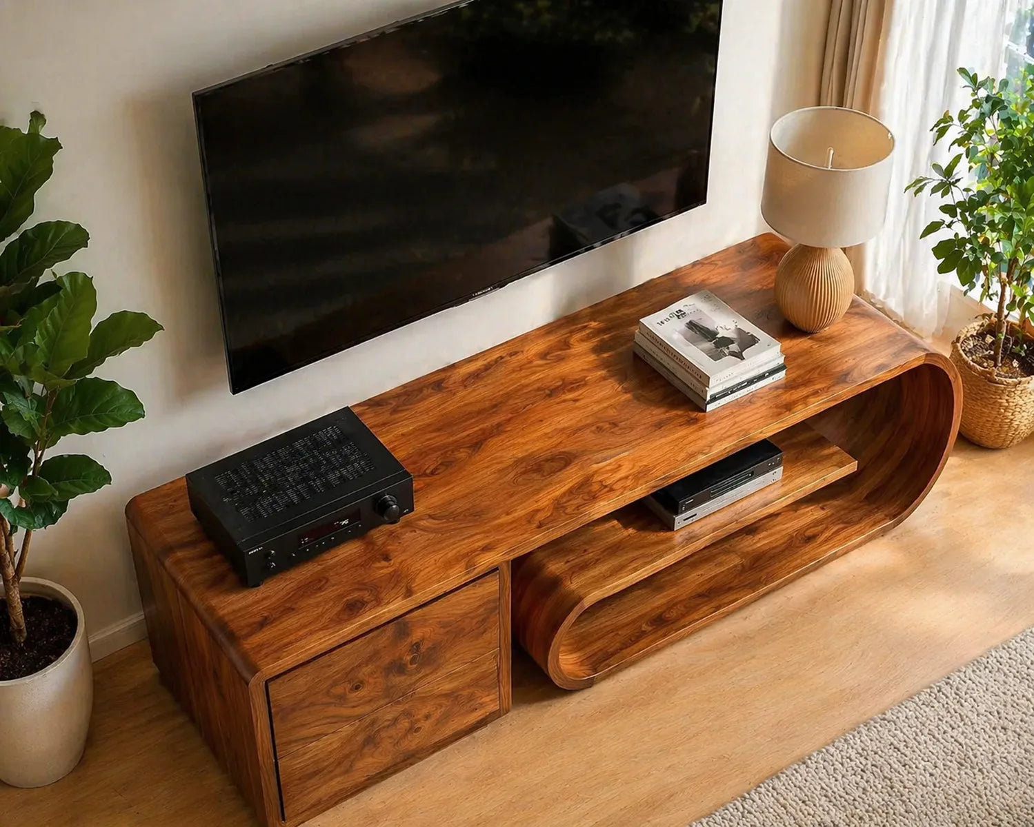 Solid Wood TV Stand with Rounded Open Shelf and 2 Drawers