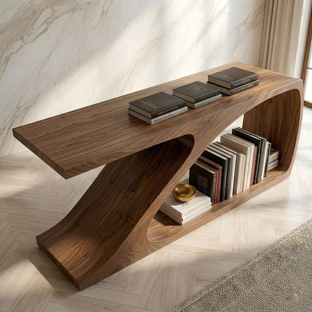Solid Wood Sofa Console Table with Sculptural Curved Shelf Base