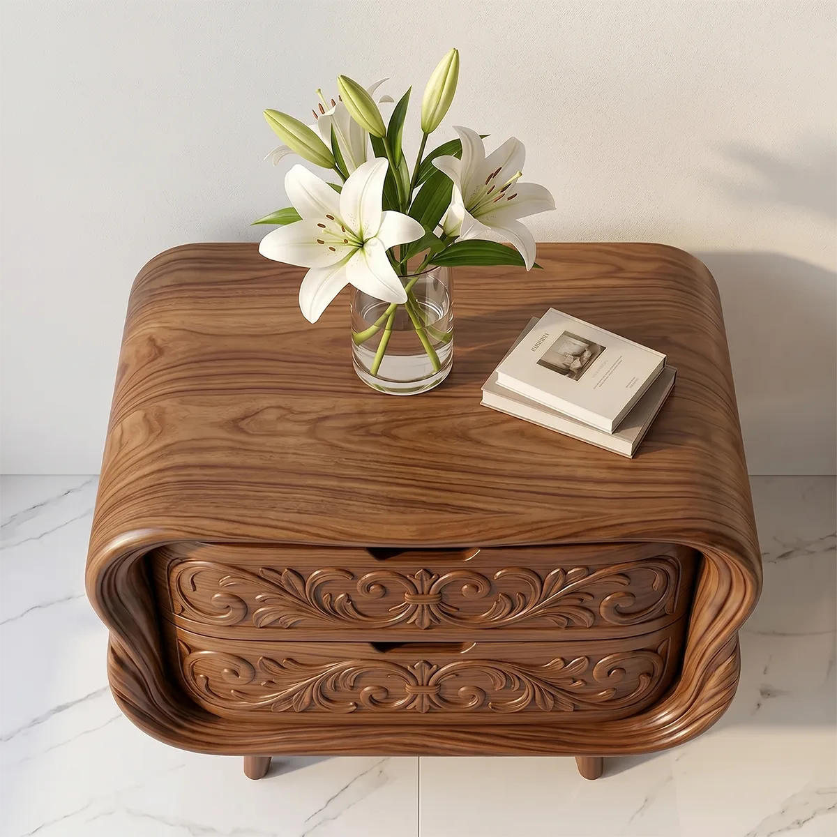 Carved Nightstand with 2 Drawers | Luxury Sculptural Bedside Table TH003-7822