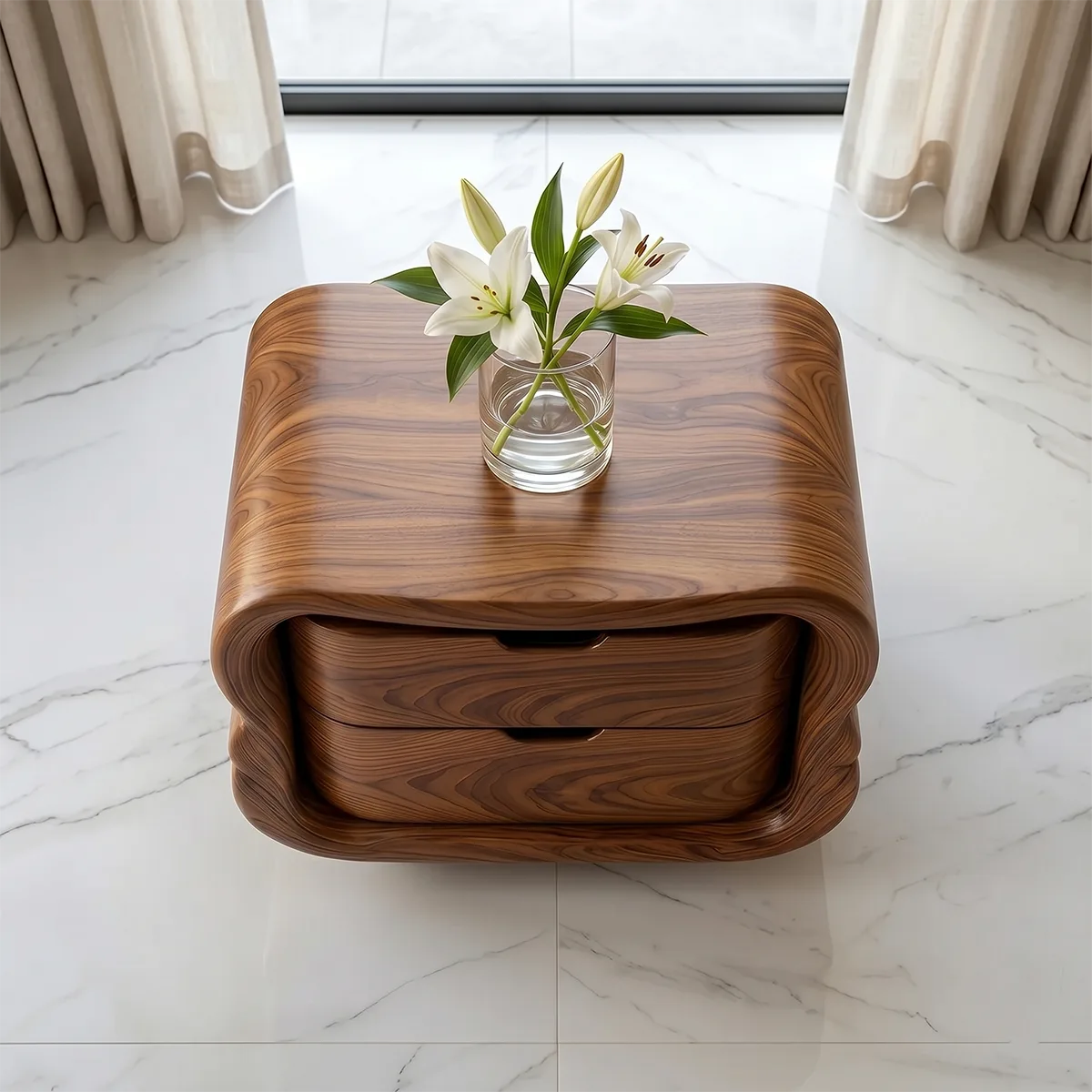 Modern Curved Nightstand | Sculptural 2 Drawer Bedside Table TH003-3504