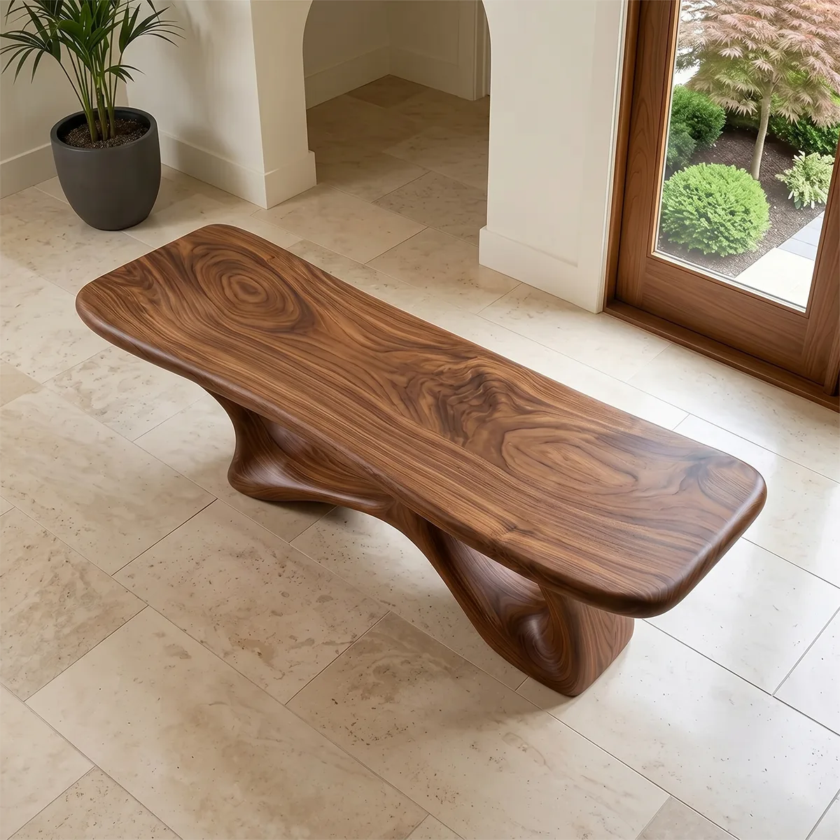 Sculptural Entryway Bench, Organic Modern Bench with Architectural Openwork Base TH003-5014
