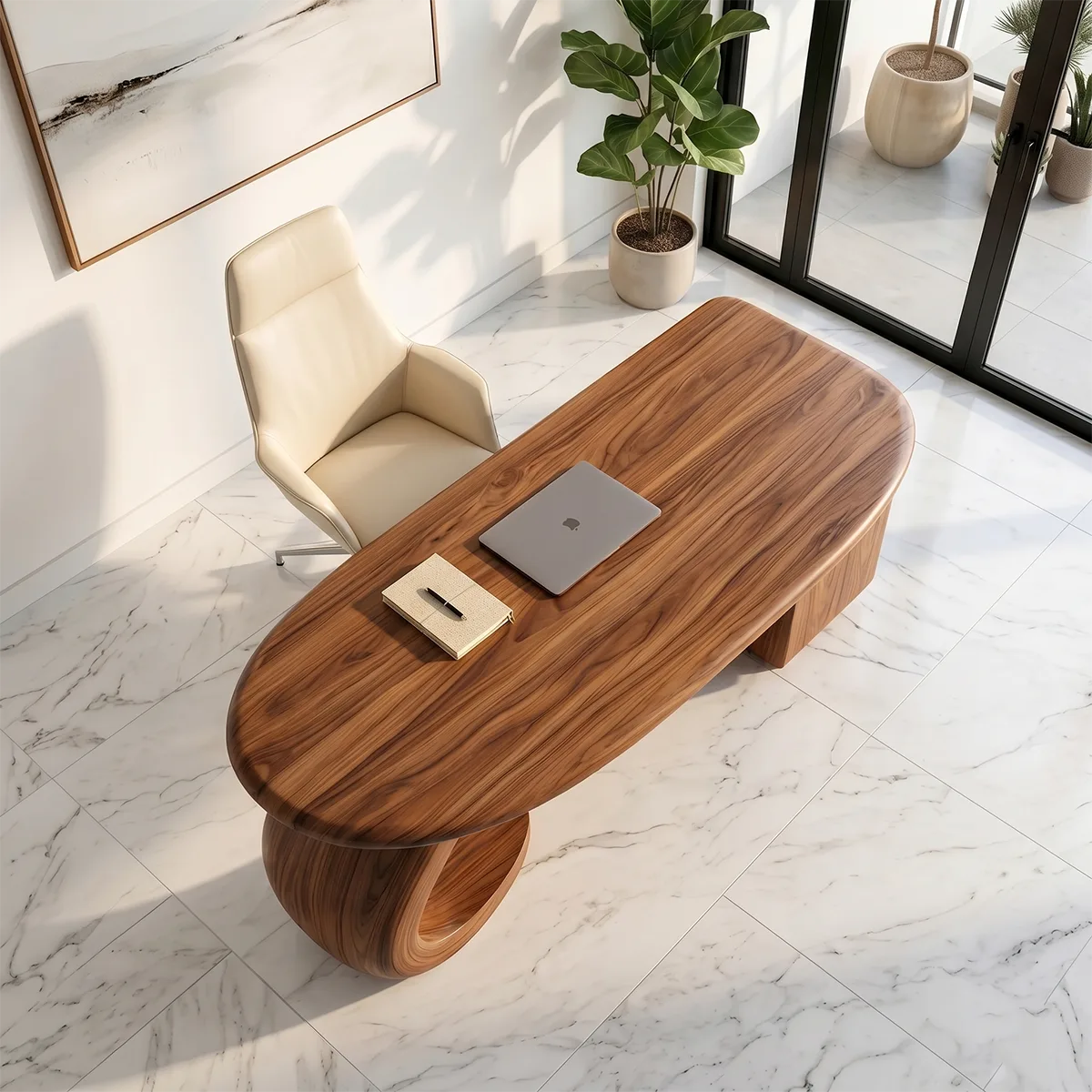 Sculptural Executive Desk | Modern Waterfall Office Desk with Storage TH003-5960