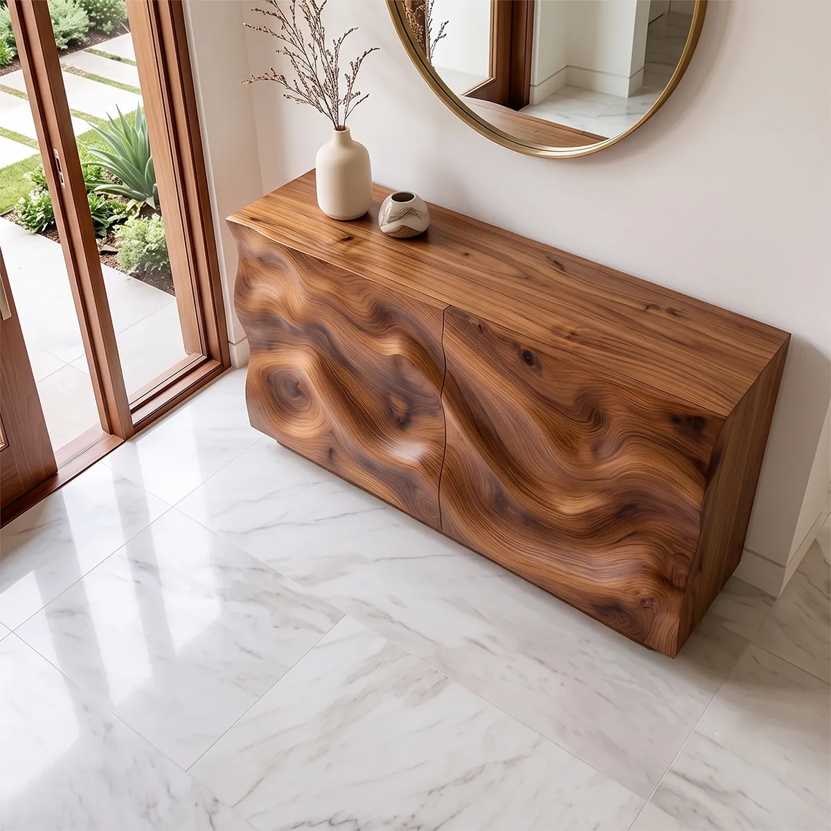 Modern Storage Console Table with Sculptural Wave Doors – Contemporary Entryway Table TH003-6526