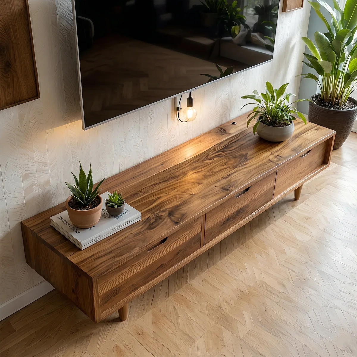 Solid Wood TV Stand with 3 Drawers and Low Mid-Century Profile
