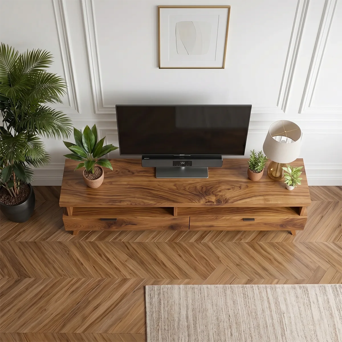 Minimalist TV Stand with Open Shelf and 2 Drawers