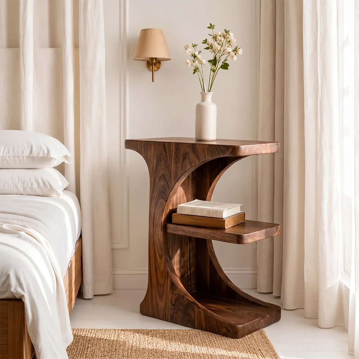 Sculptural Solid Wood Nightstand with Curved Open Shelf