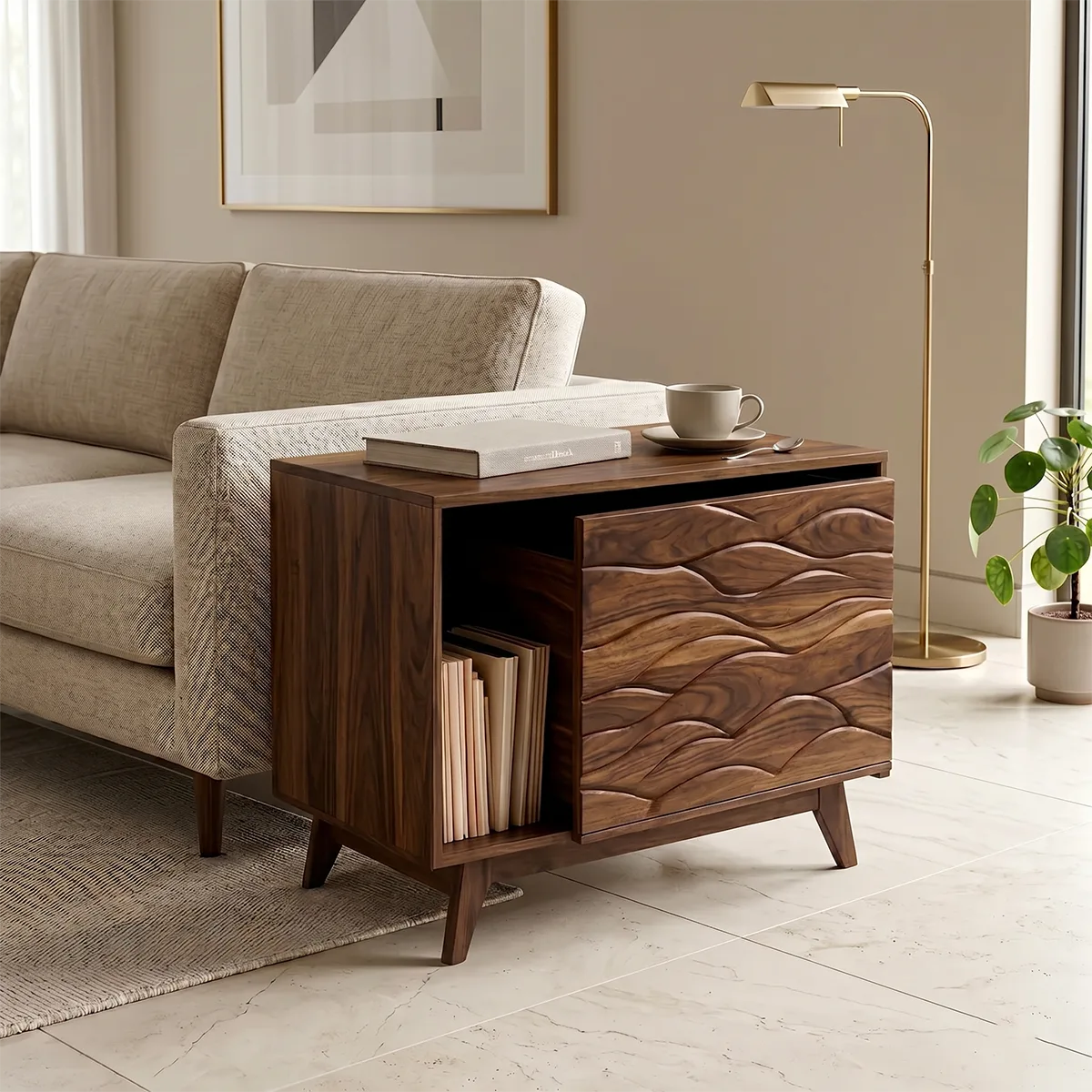 Modern Solid Wood End Table with Sliding Door | Mid Century Storage Side Table TH003-6980
