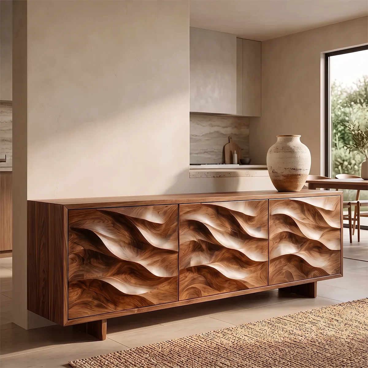 Wave Carved Solid Wood Sideboard | Organic Modern Buffet Cabinet for Dining & Living Room TH003-3569