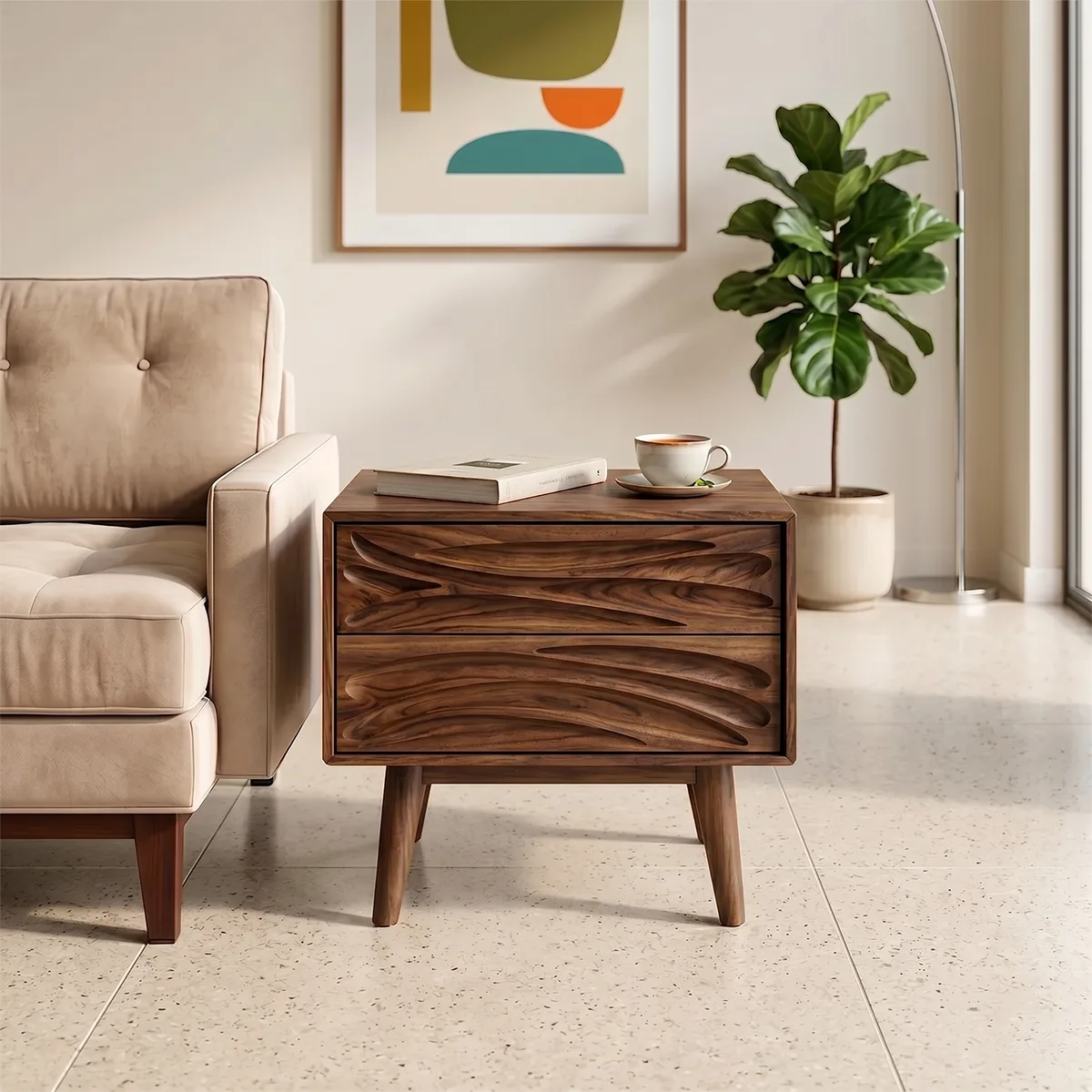 Modern Solid Wood End Table | Mid Century Side Table with 2 Carved Storage Drawers TH003-8695