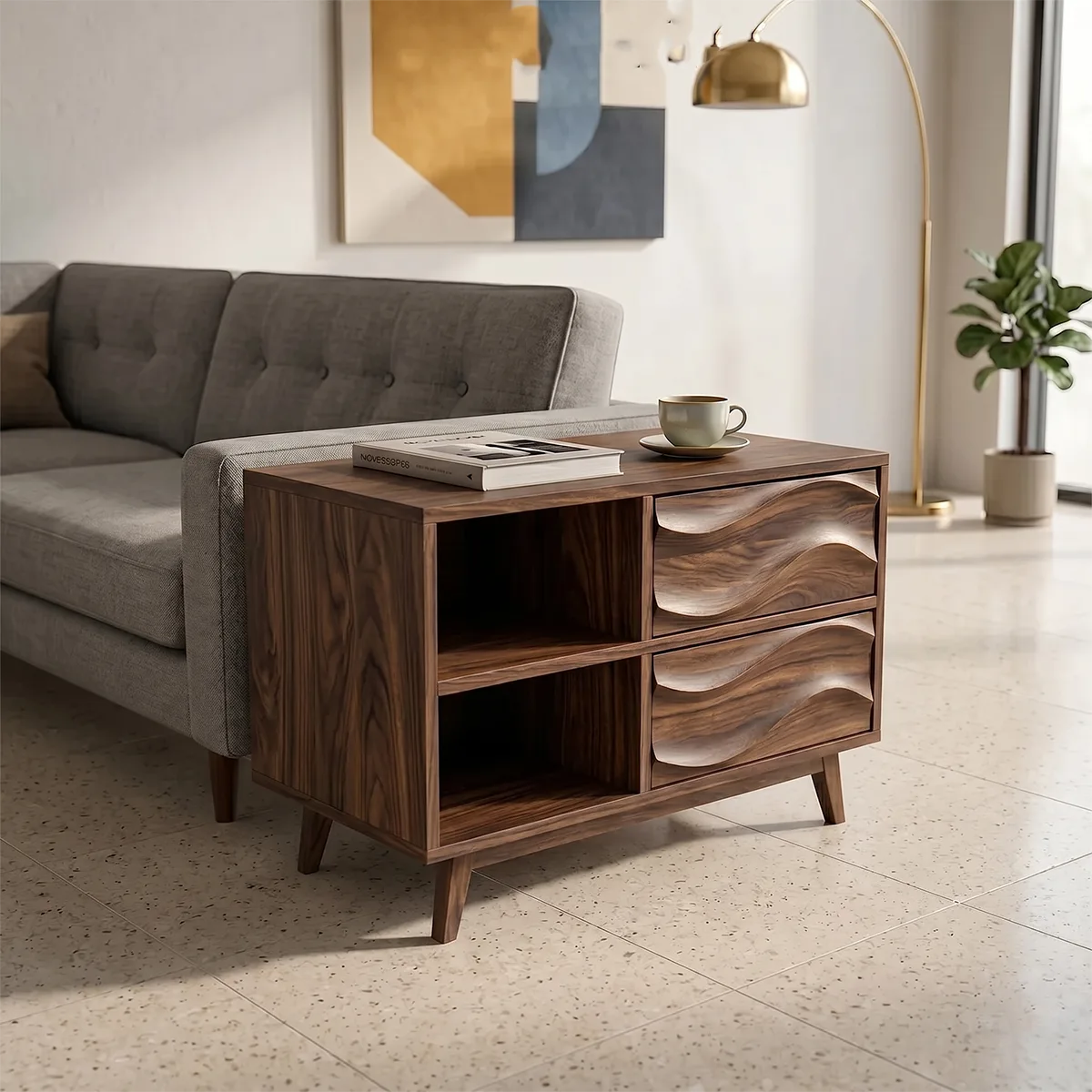 Modern Solid Wood End Table with Storage | Mid Century Side Table with 2 Drawers & Open Shelves TH003-4573