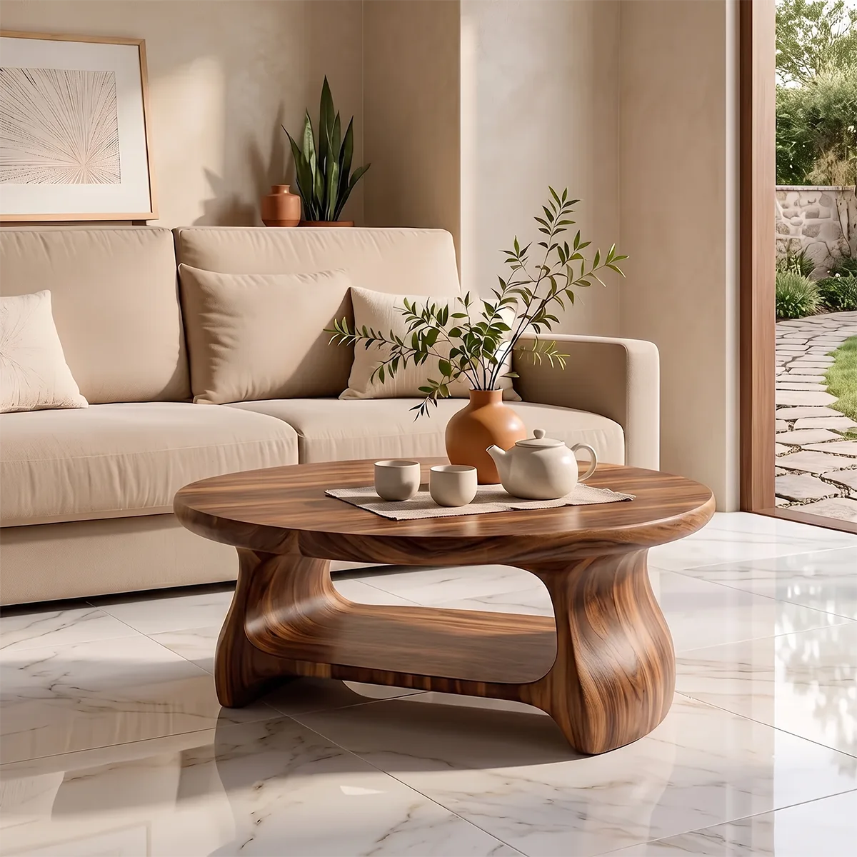 Modern Round Coffee Table with Shelf | Sculptural Wood Coffee Table for Living Room TH003-3167