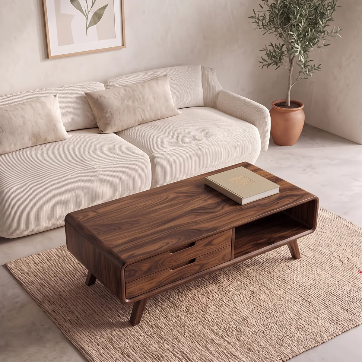 Modern Rectangular Coffee Table with 2 Drawers & Open Shelf | Mid Century Living Room Table TH003-1NPV4UT