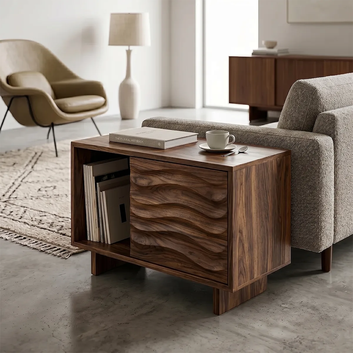Modern Solid Wood End Table with Sliding Door | Mid Century Storage Side Table for Living Room TH003-7699
