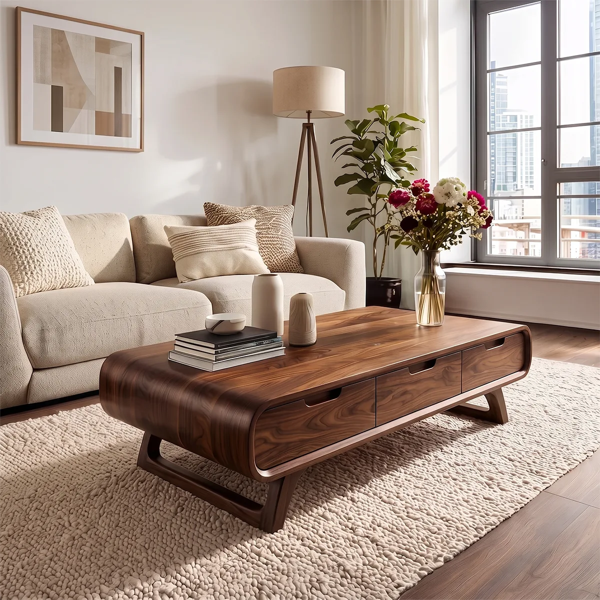 Modern Rounded Coffee Table with 3 Drawers | Mid Century Living Room Storage Table TH003-6LLU2ZO