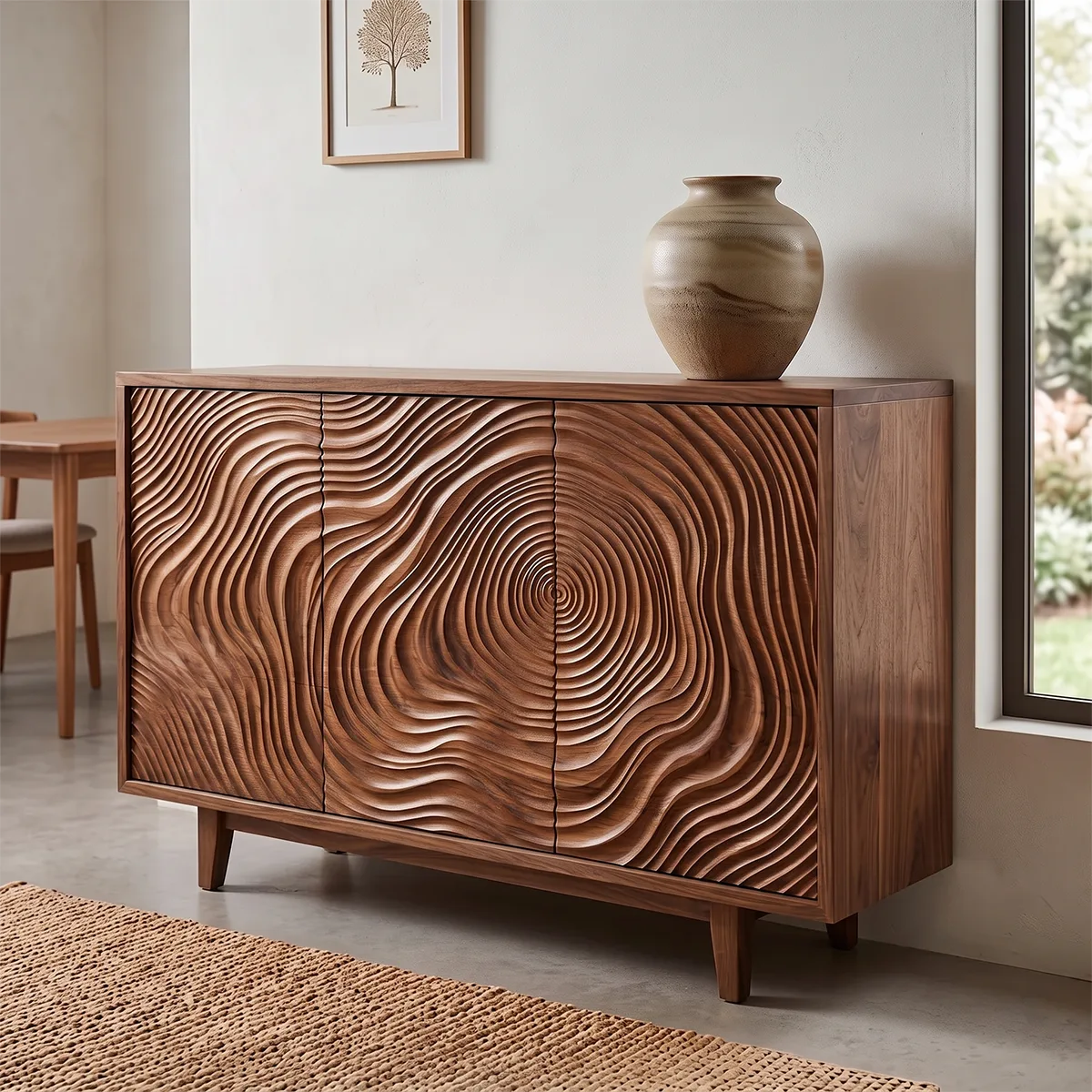 Tree Ring Carved Solid Wood Sideboard | Sculptural Buffet Cabinet for Organic Modern Interiors TH003-6042