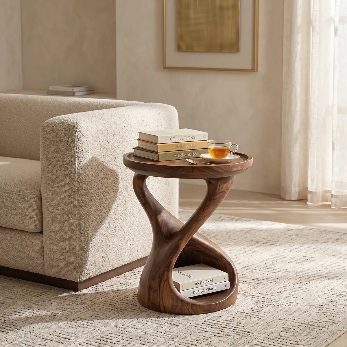 Hourglass Solid Wood Side Table with Storage | Sculptural End Table TH003-8108