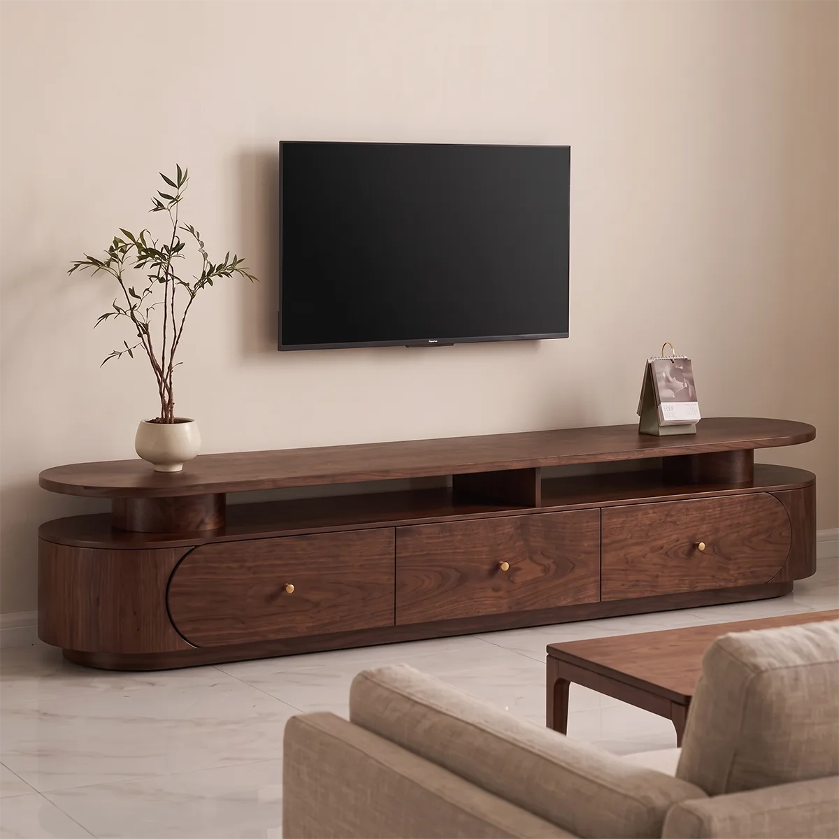 Modern TV Stand with 3 Drawers & Open Shelf | Curved Media Console TH003-1IBC4JQ