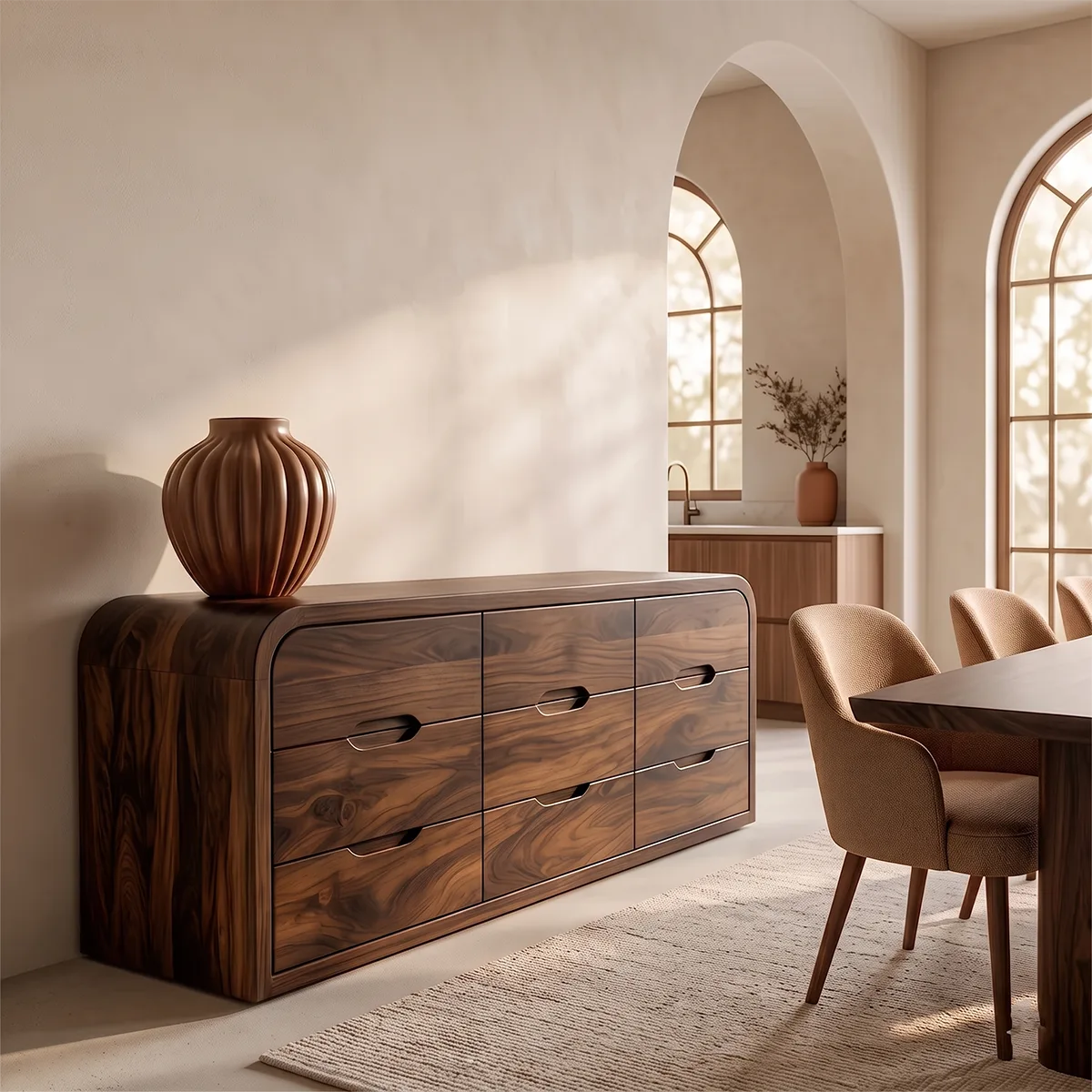 Modern Sideboard Cabinet | 6 Drawer Storage Cabinet with Rounded Waterfall Design TH003-8195