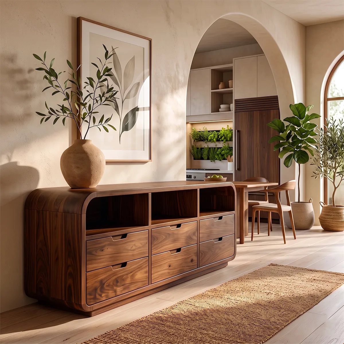 Modern Sideboard Cabinet | 6 Drawer Storage Cabinet with Open Shelves & Rounded Waterfall Design TH003-3023