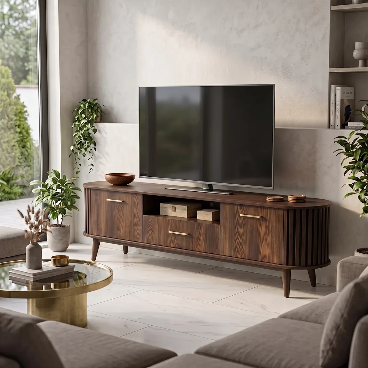 Mid-Century Modern TV Stand with 2 Cabinets & Drawer | Fluted Media Console TH003-4CGT3CA