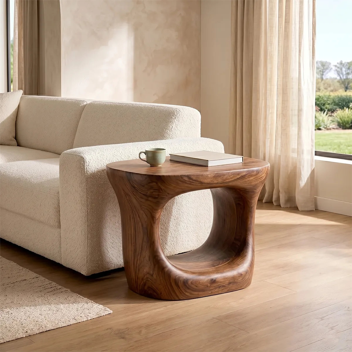 Organic Solid Wood End Table | Sculptural Hollow Accent Side Table for Modern Living Room TH003-8055