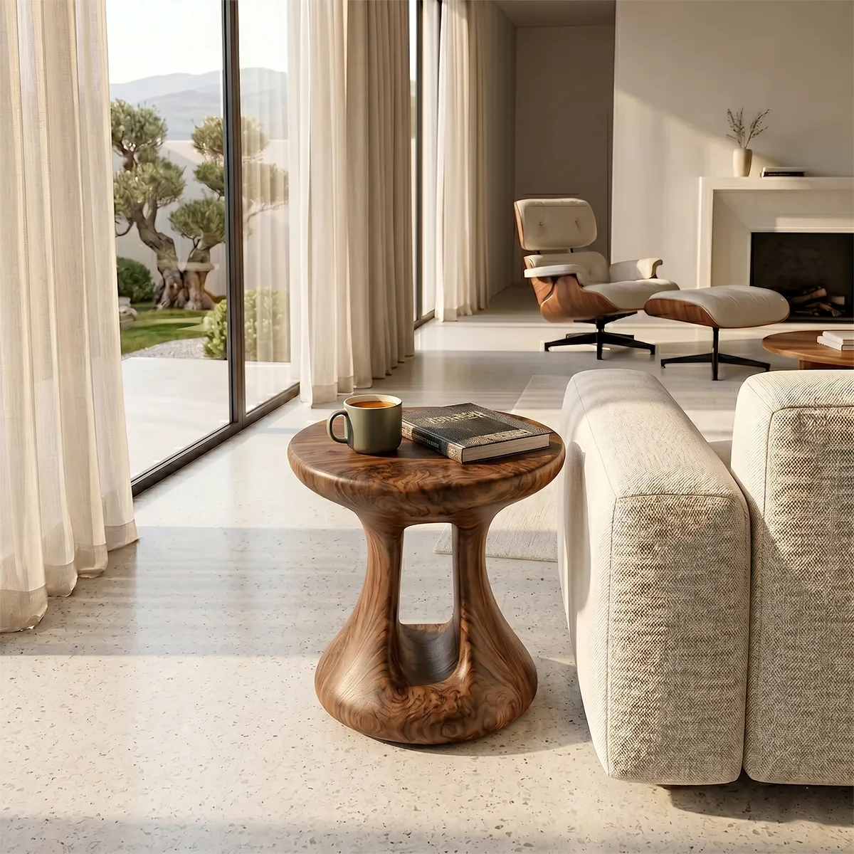 Organic Solid Wood Round End Table | Sculptural Pedestal Side Table for Modern Living Room TH003-6440