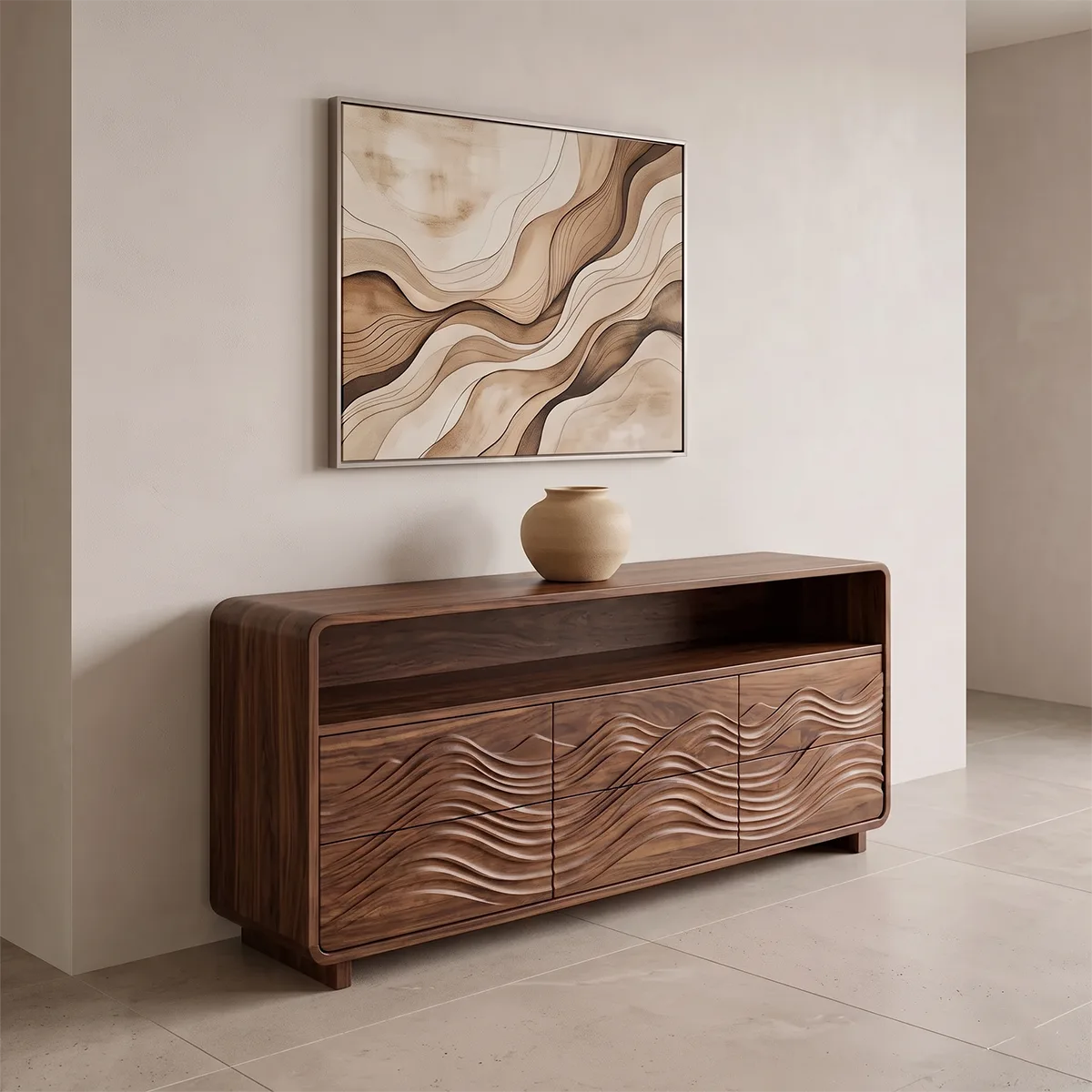 Modern Sideboard Cabinet | Wave Carved Storage Cabinet with Open Shelf & 6 Drawers TH003-7310