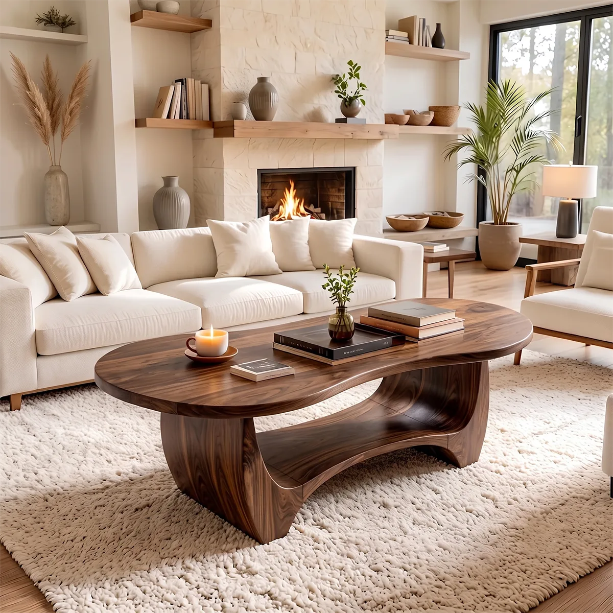 Sculptural Rounded Coffee Table with Open Shelf | Organic Modern Center Table TH003-1FNF7SN
