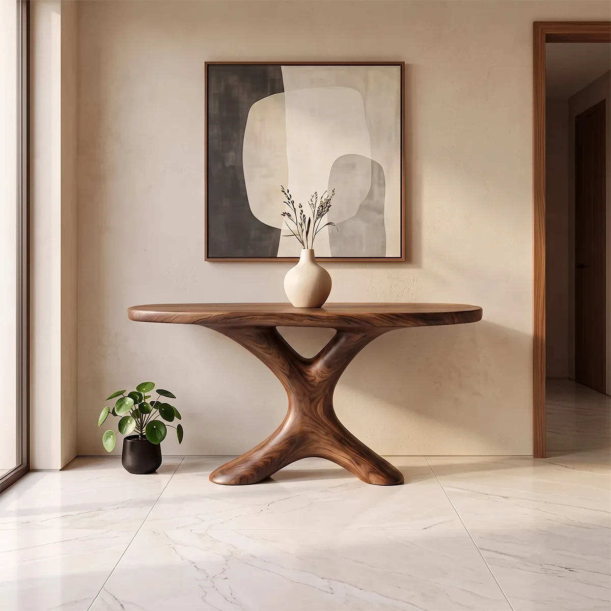 Modern Sculptural Console Table | Organic Entryway Accent Table with Architectural Pedestal TH003-1525