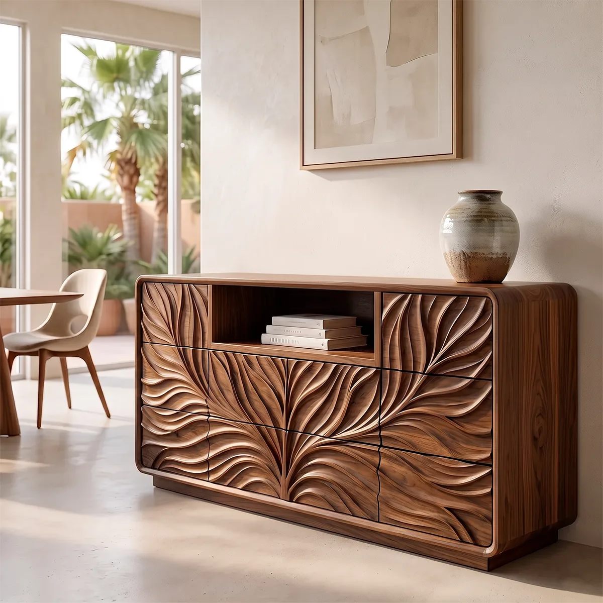 Modern Sideboard Cabinet | Leaf Carved Storage Cabinet with Open Shelf & 8 Drawers TH003-9785