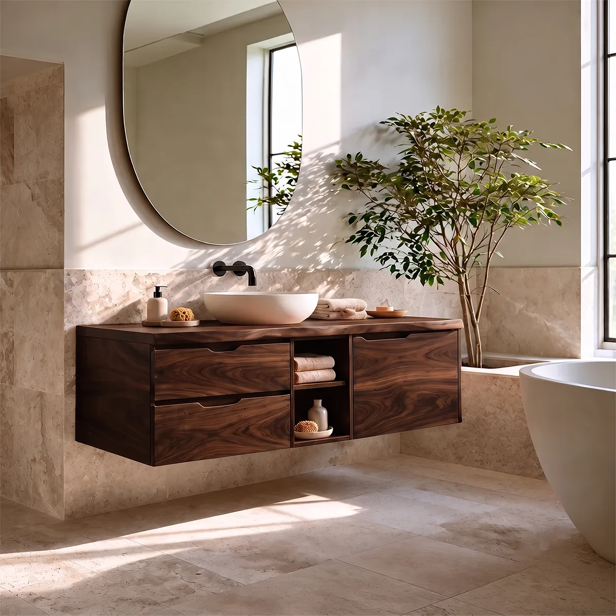 Modern Floating Bathroom Vanity | Wall Mounted Storage Cabinet with Drawers and Open Shelving TH003-5PPH1AS