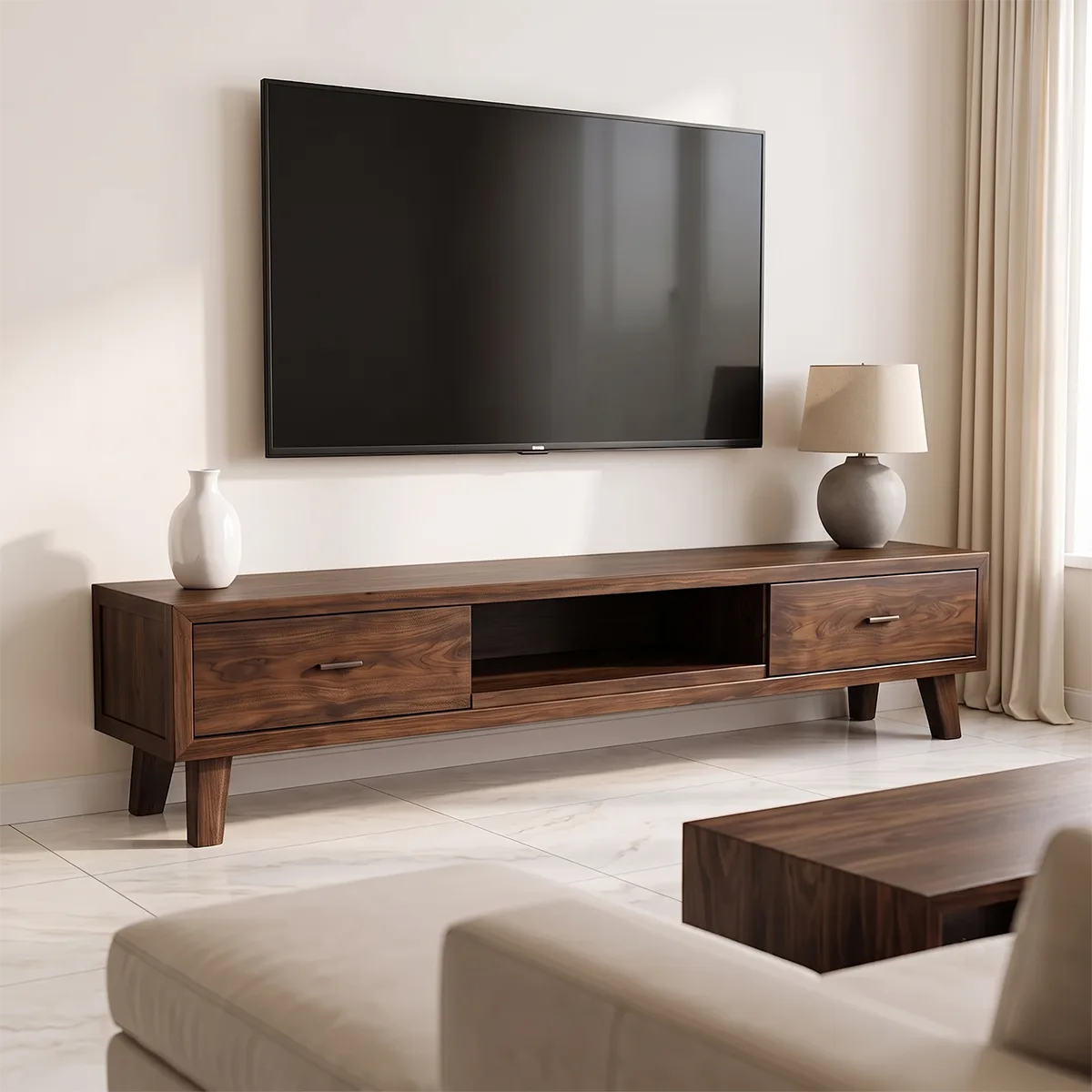 Modern TV Stand with 2 Drawers & Open Shelf | Low Profile Media Console TH003-6TLG4RN