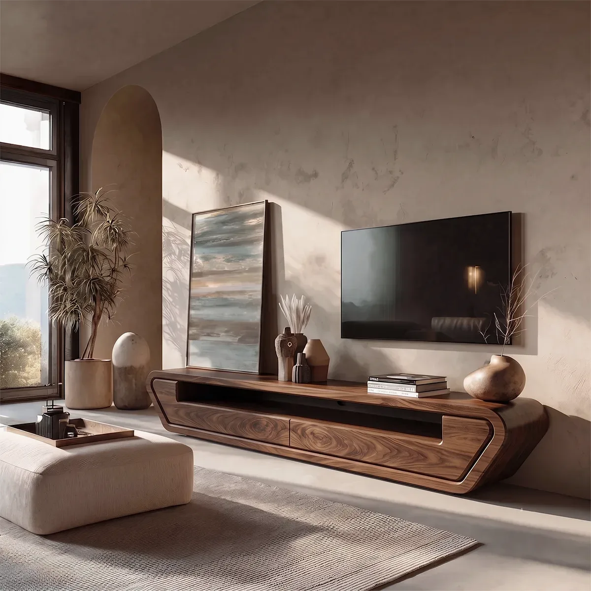 Modern Curved TV Stand with 2 Drawers & Open Media Shelf | Low Profile Entertainment Console TH003-4LAL5FE
