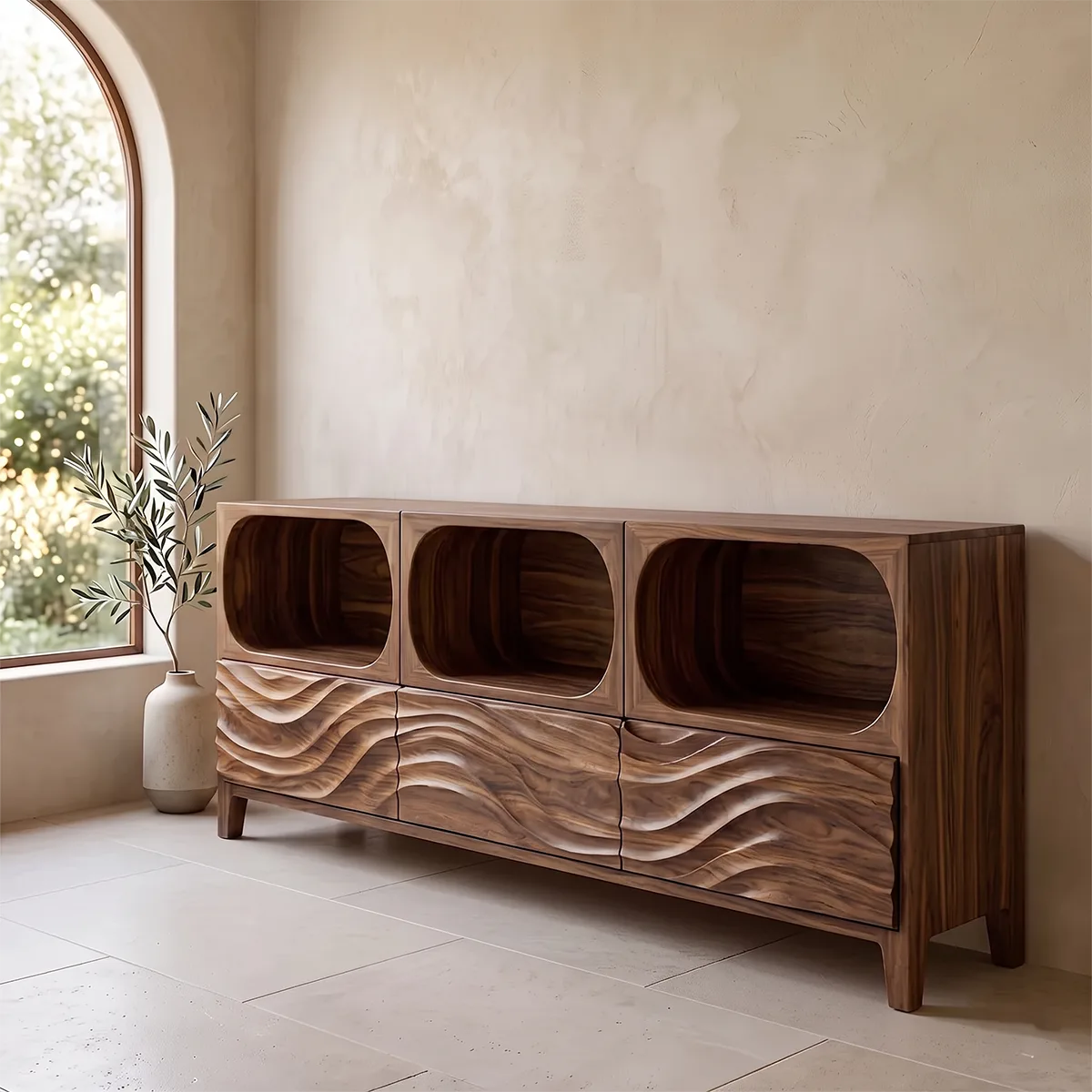 Modern Sideboard Cabinet | Wave Front Storage Cabinet with Open Shelves & Drawers TH003-8331