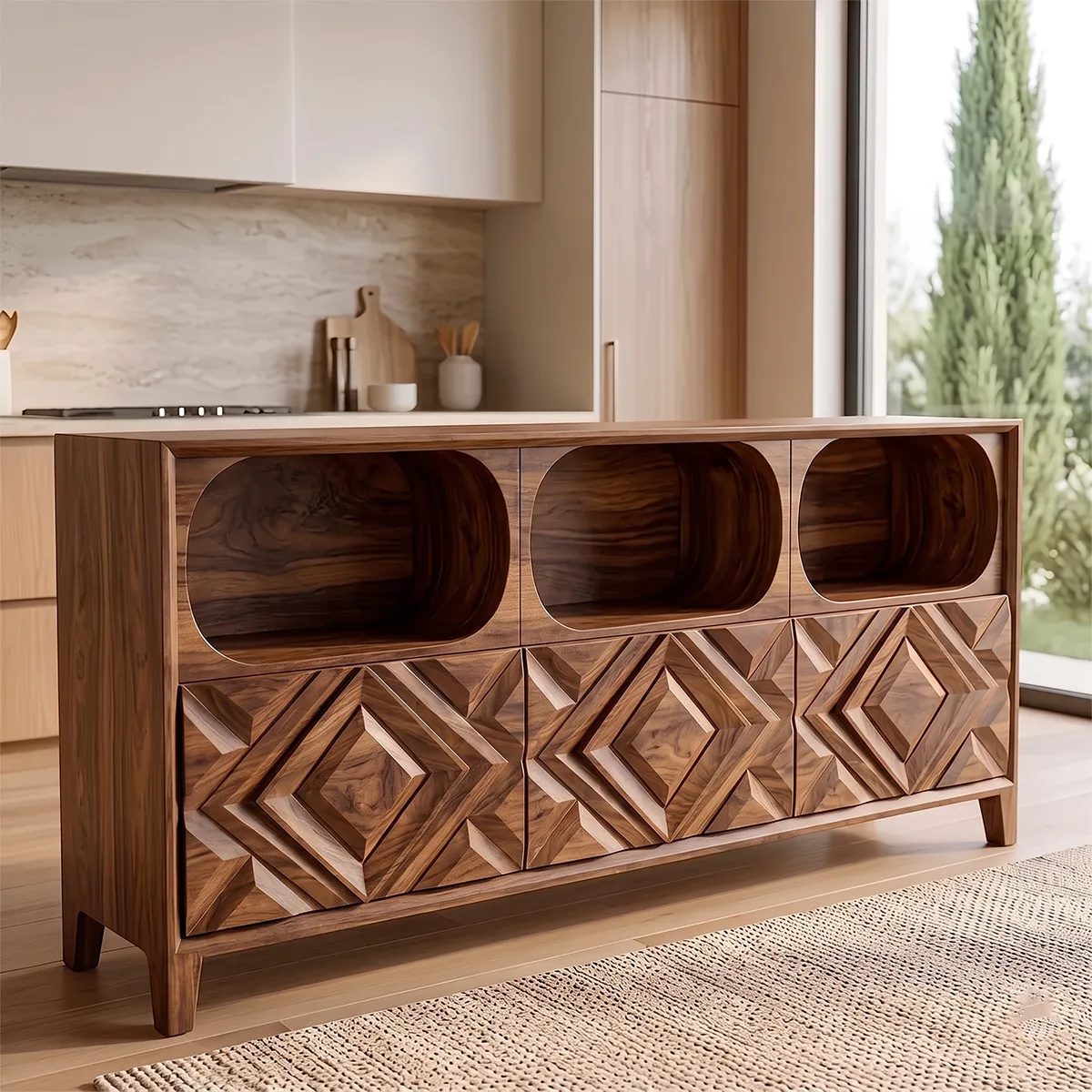 Modern Sideboard Cabinet | Geometric Carved Buffet Cabinet with Open Shelves & Storage TH003-2841