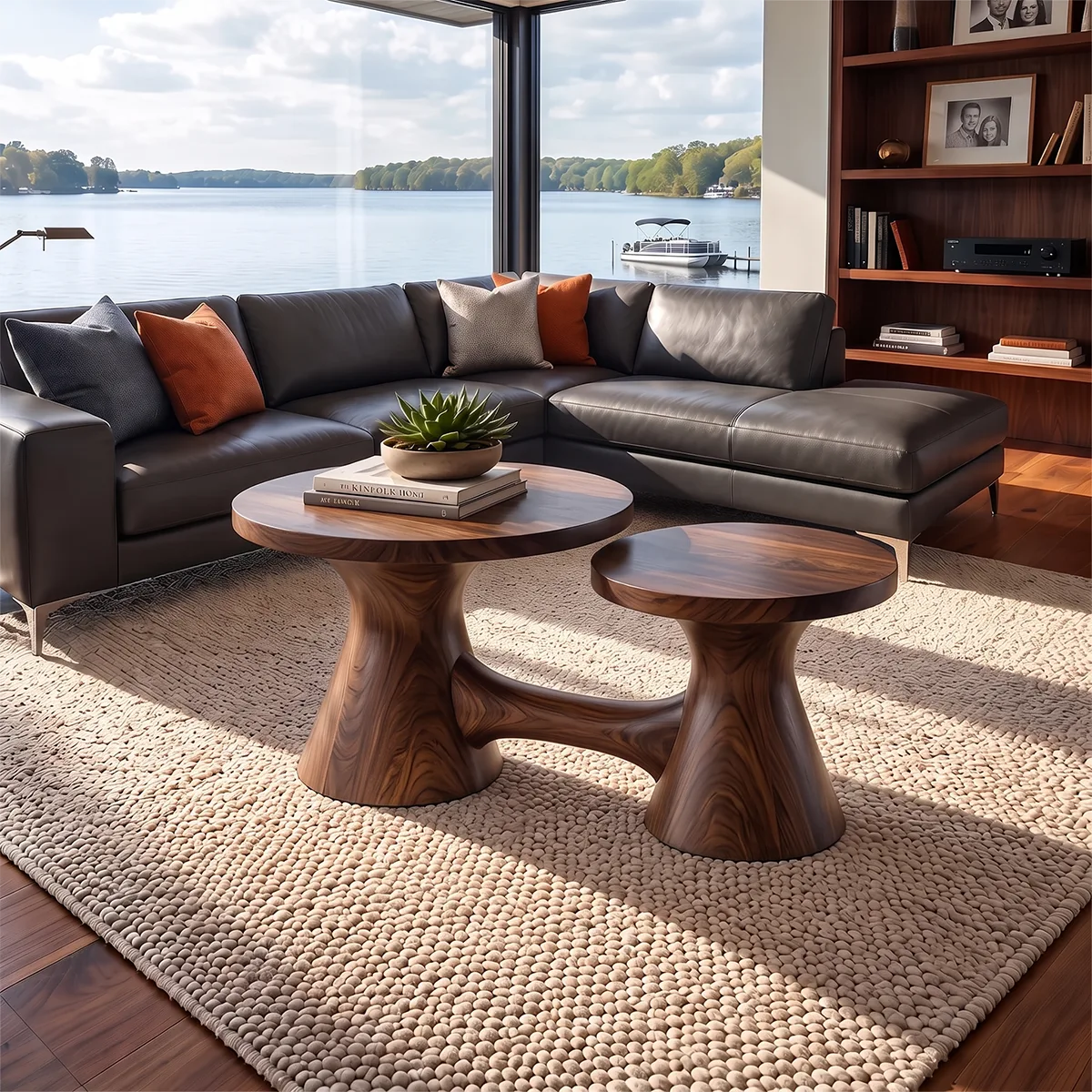 Two-Tier Round Coffee Table with Dual Pedestal Base | Sculptural Modern Living Room Table TH003-5PHH3EC
