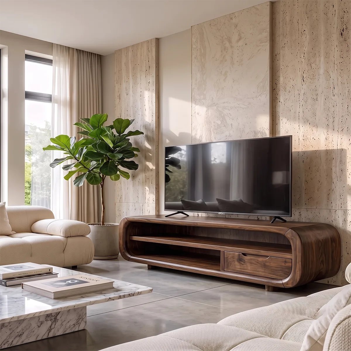 Modern Curved TV Stand with Open Shelves and Drawer | Low Profile Entertainment Console TH003-7VIY6HF