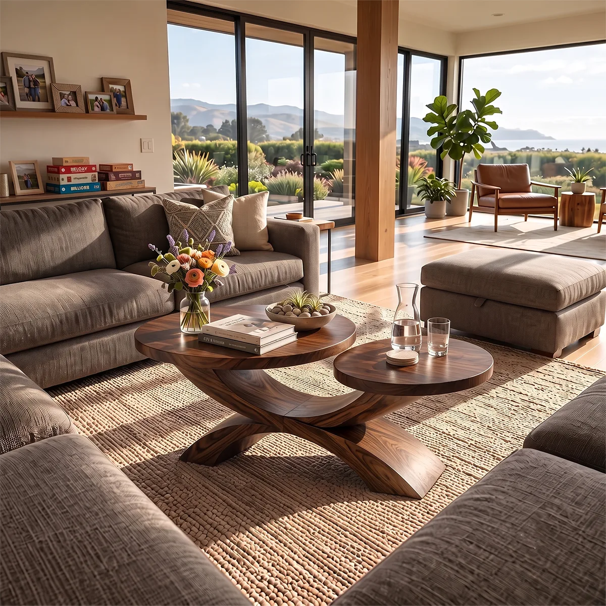 Two-Tier Round Coffee Table with Sculptural Crossed Base | Modern Living Room Center Table TH003-1RTB8PD