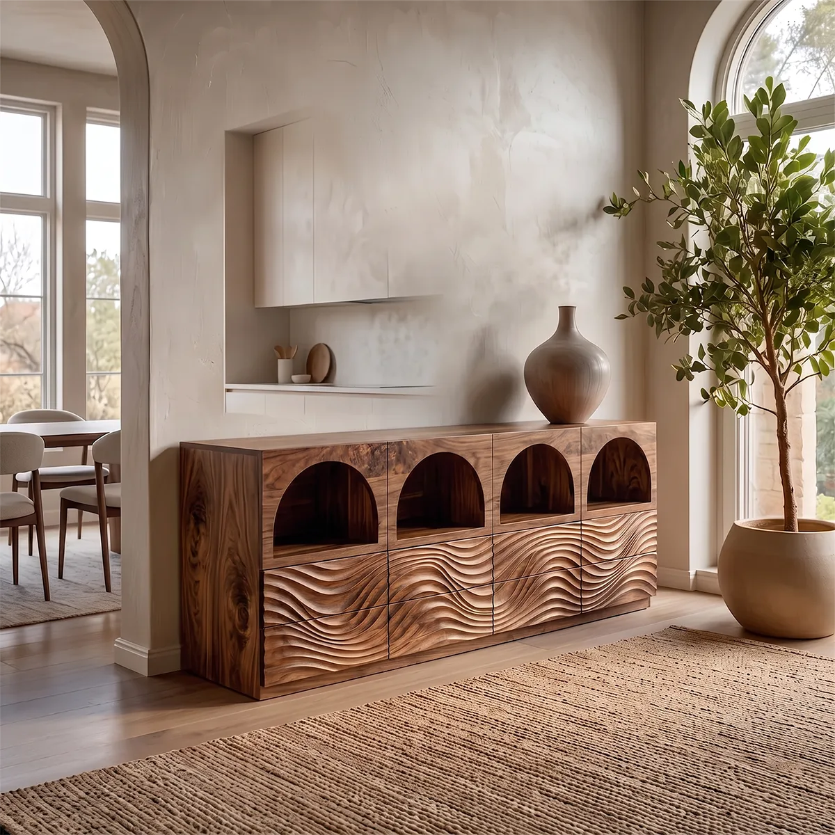 Modern Sideboard Cabinet | Wave Carved Buffet Cabinet with Open Shelves & Drawers TH003-8099