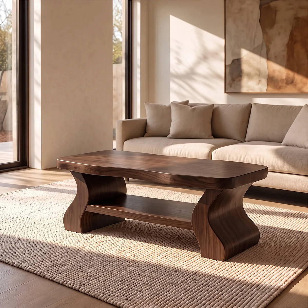 Sculptural Coffee Table with Open Lower Shelf and Curved Legs | Modern Living Room Table TH003-8YWG9UB