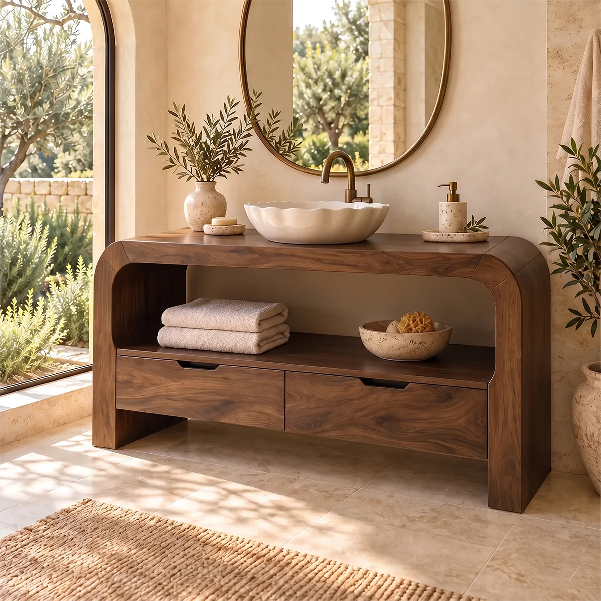 Curved Waterfall Bathroom Vanity | 2-Drawer Vanity with Large Open Storage Shelf TH003-4TMA9VP