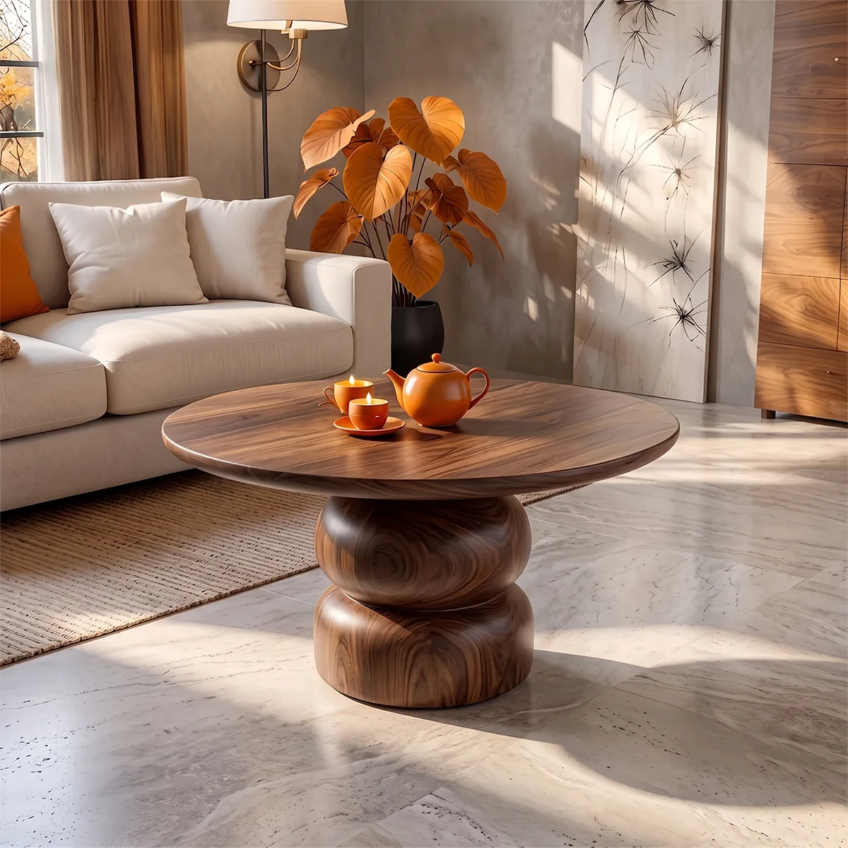 Sculptural Round Coffee Table with Stacked Pedestal Base | Organic Modern Center Table TH003-2ZWS1NI
