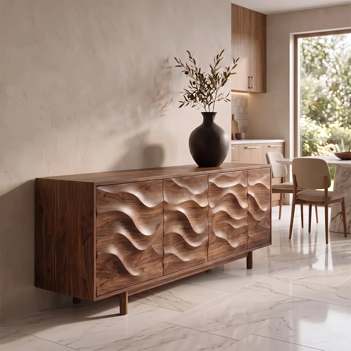 Wave Carved Solid Wood Sideboard | Modern Hardwood Buffet Cabinet for Dining & Living Room TH003-6641