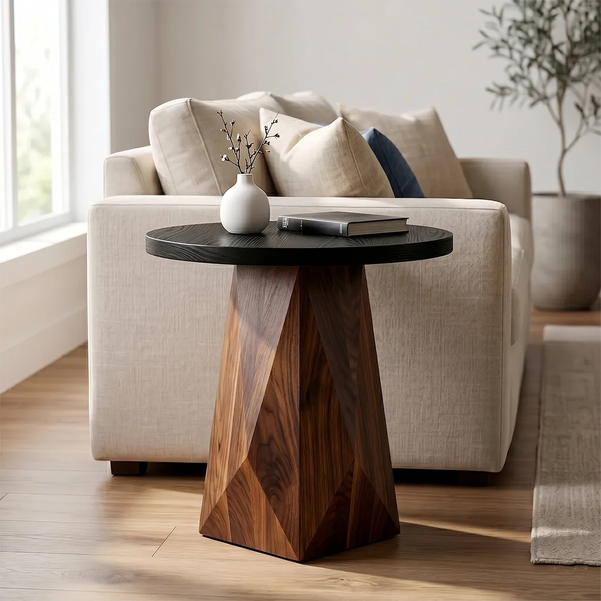 Round Solid Wood End Table | Handcrafted Pedestal Side Table with Black Top for Living Room & Bedroom TH003-3811