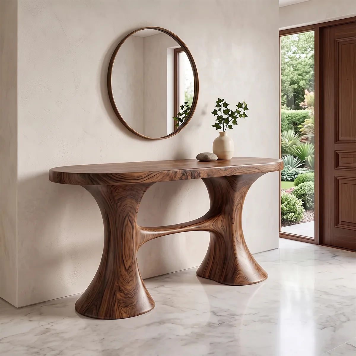 Modern Organic Console Table with Sculptural Double Pedestal Base – Contemporary Entryway Table TH003-1673
