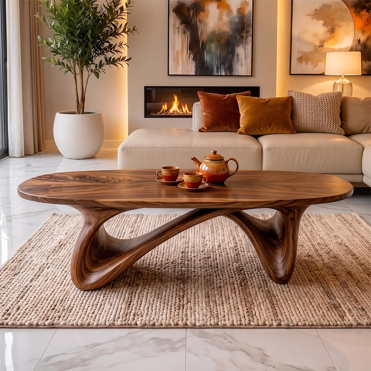 Modern Organic Coffee Table | Sculptural Solid Wood Oval Cocktail Table TH003-9925