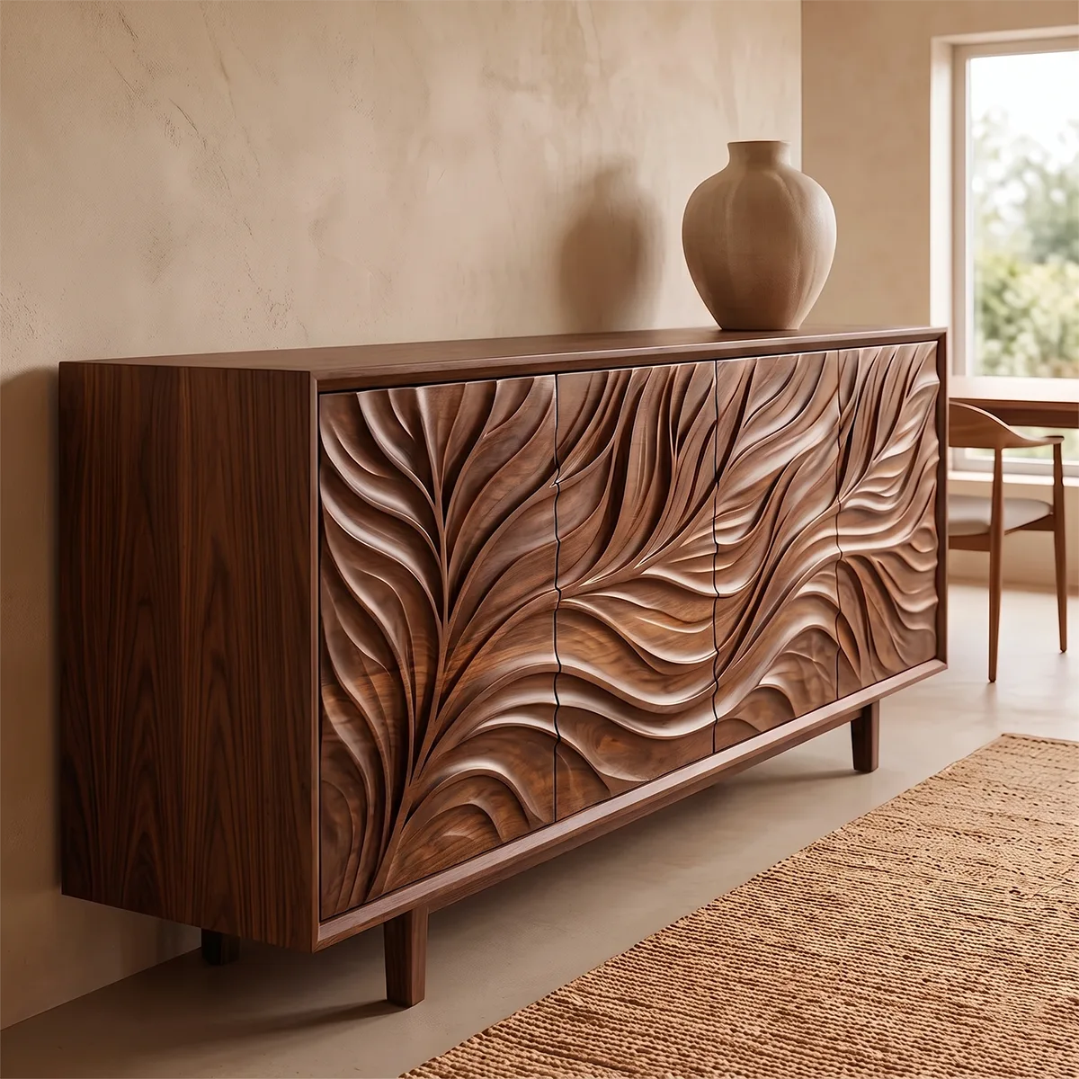 Leaf Carved Solid Wood Sideboard | Organic Modern Buffet Cabinet for Dining & Living Room TH003-7107