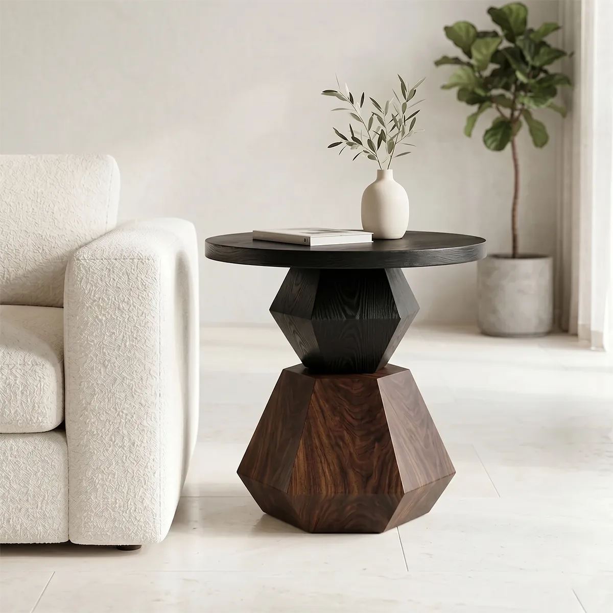 Modern Round Solid Wood End Table | Geometric Pedestal Side Table with Black Top TH003-3706