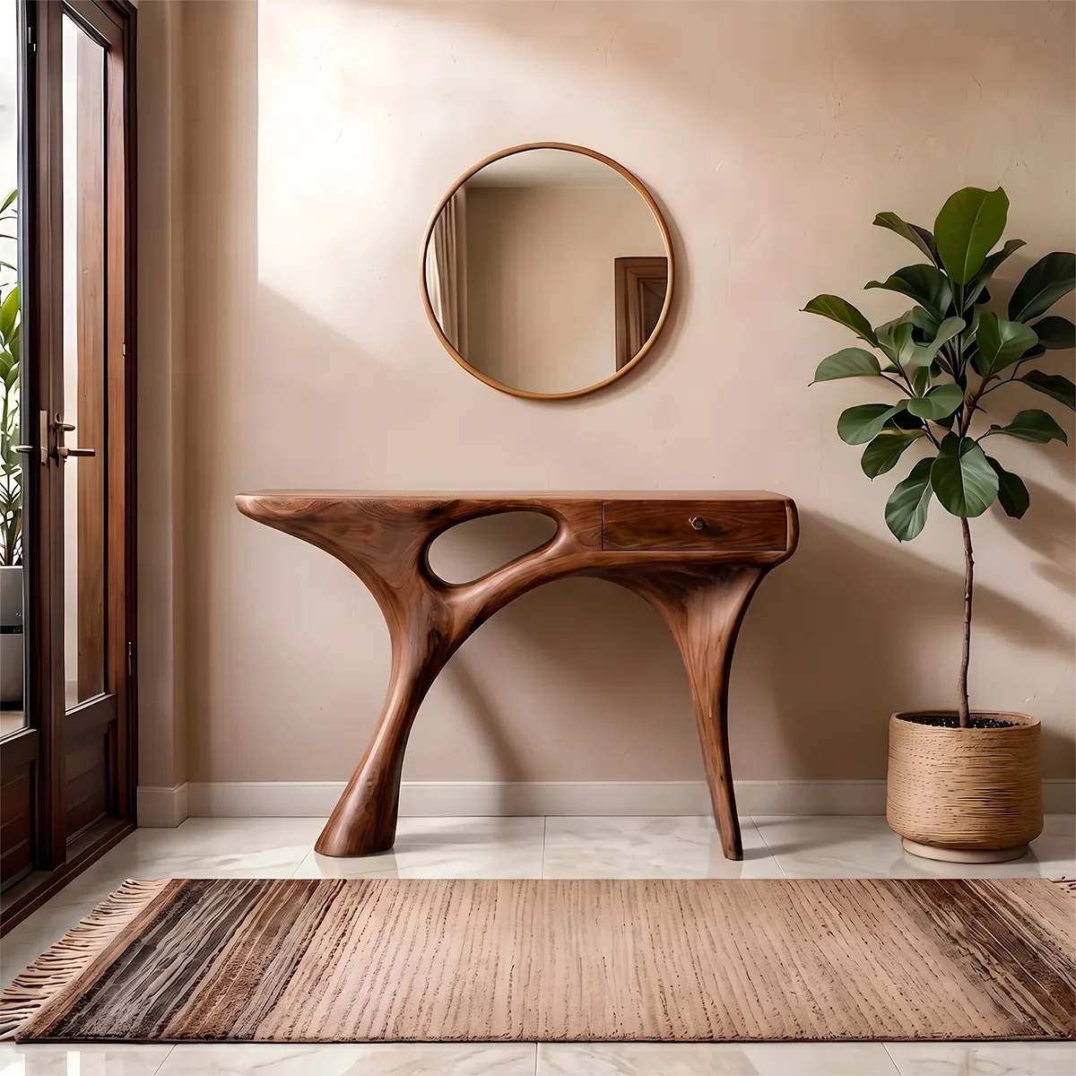 Organic Modern Console Table with Sculptural Base & Drawer – Contemporary Entryway Table TH003-5521