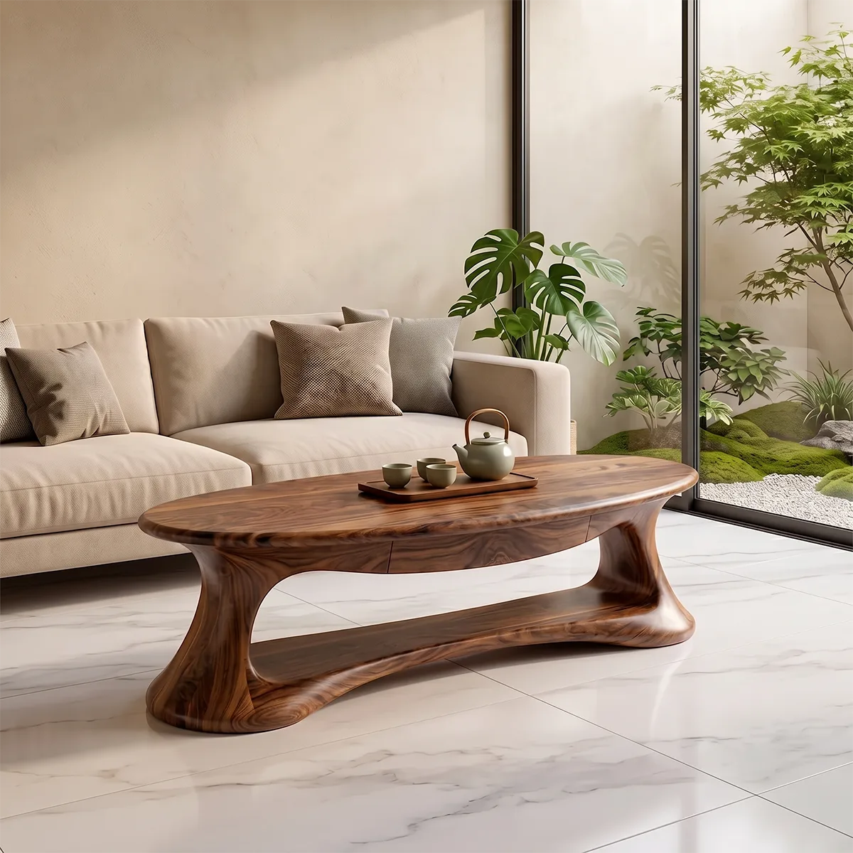 Modern Organic Coffee Table | Oval Coffee Table with Shelf for Living Room TH003-4419